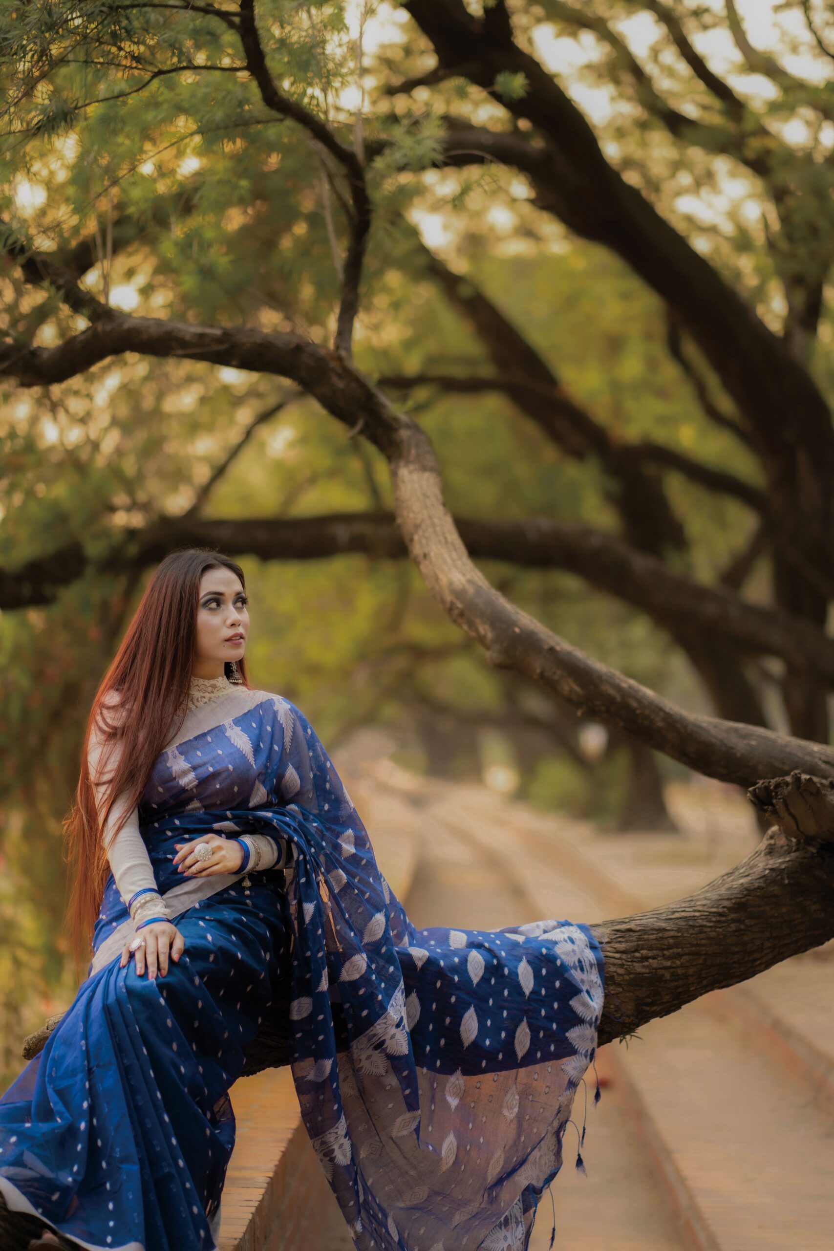A woman in a blue saree sits on a tree branch in a serene outdoor setting.